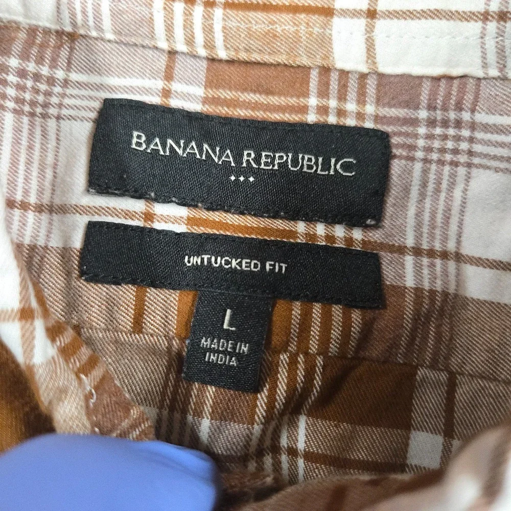 Banana Republic Shirt Mens Large Brown White Plaid Long Sleeve Untucked Fit